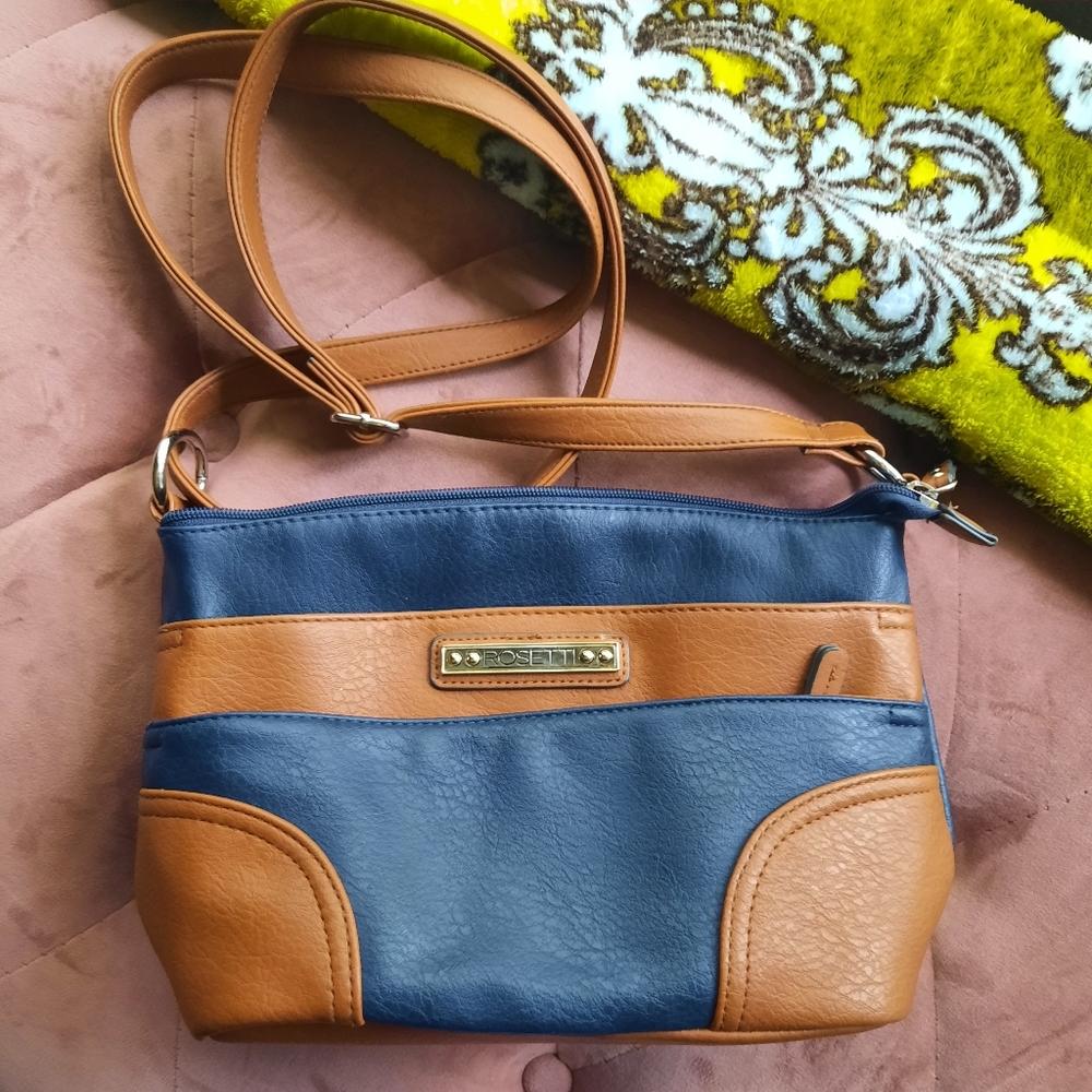 Rosetti - Blue and Brown Faux Leather Crossbody Purse with Multiple Pockets